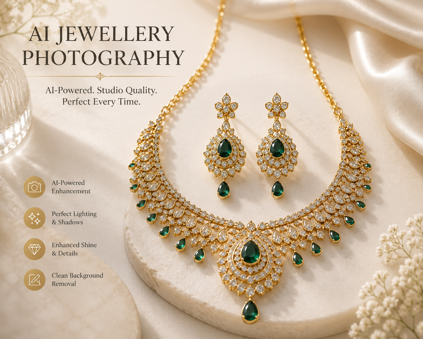 High-end AI jewellery photography showing diamond necklace with realistic background