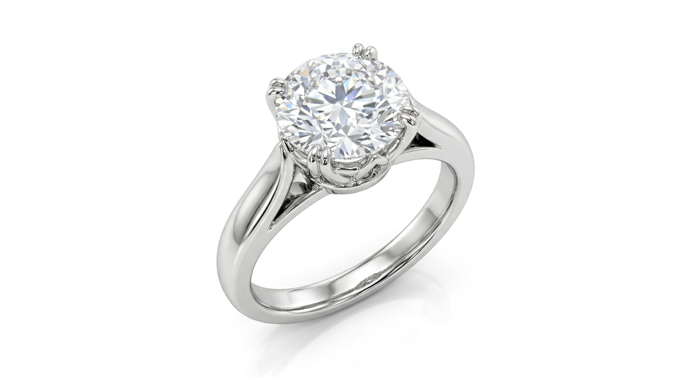 AI diamond ring photography — sparkling solitaire ring on white background