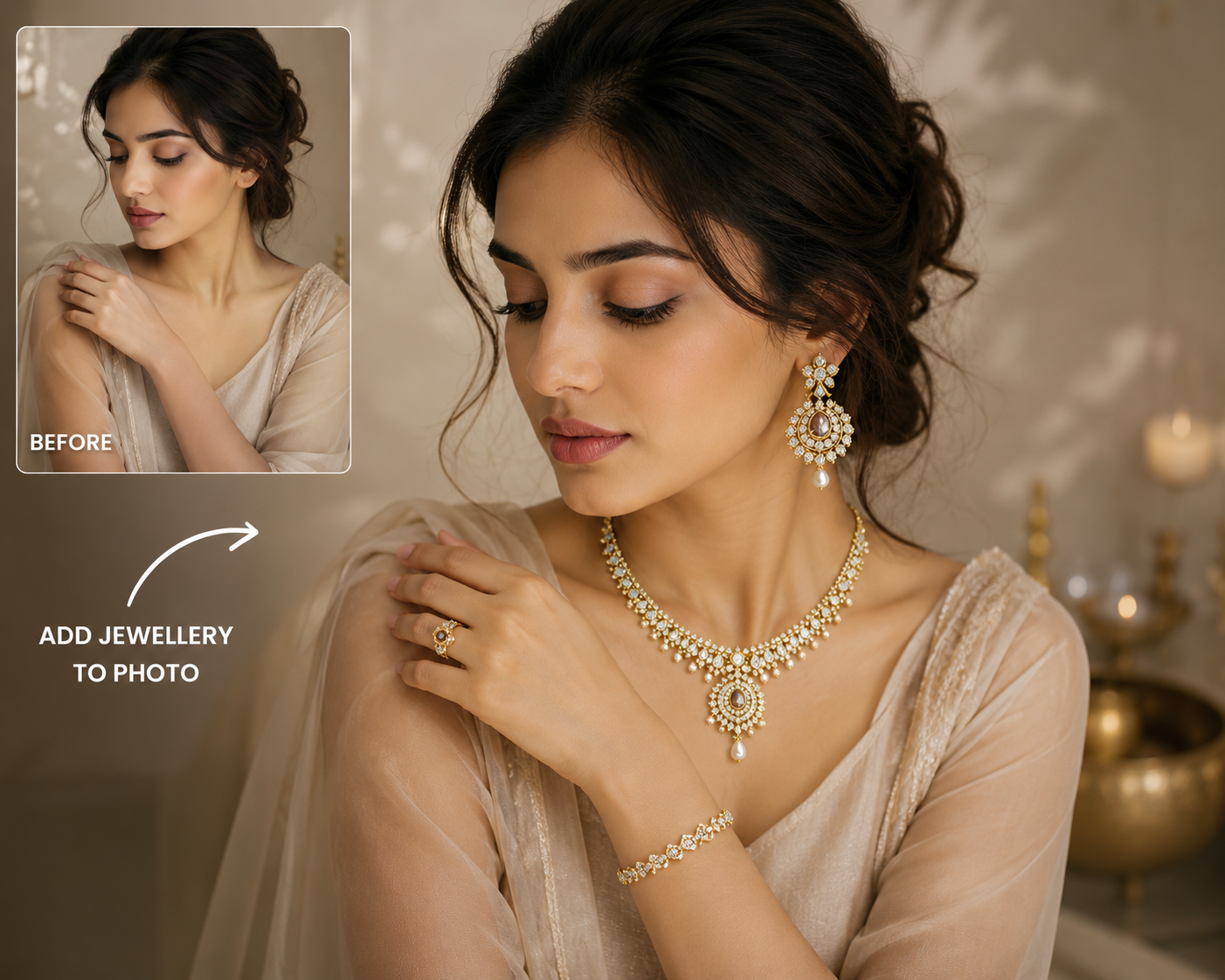 Adding luxury diamond necklace to a model photo online using AI