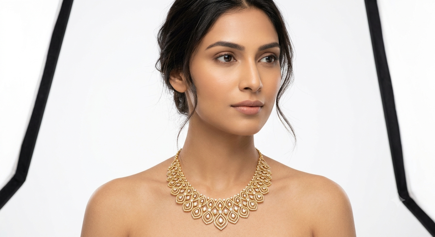 AI jewellery model — gold necklace placed on realistic AI model by Mishruh AI