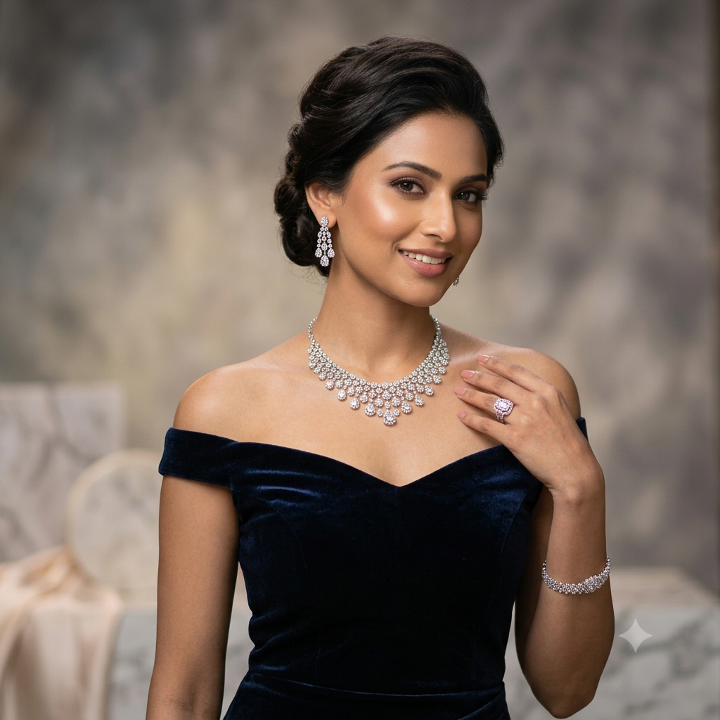 Diamond jewellery model photography process using Mishruh.AI