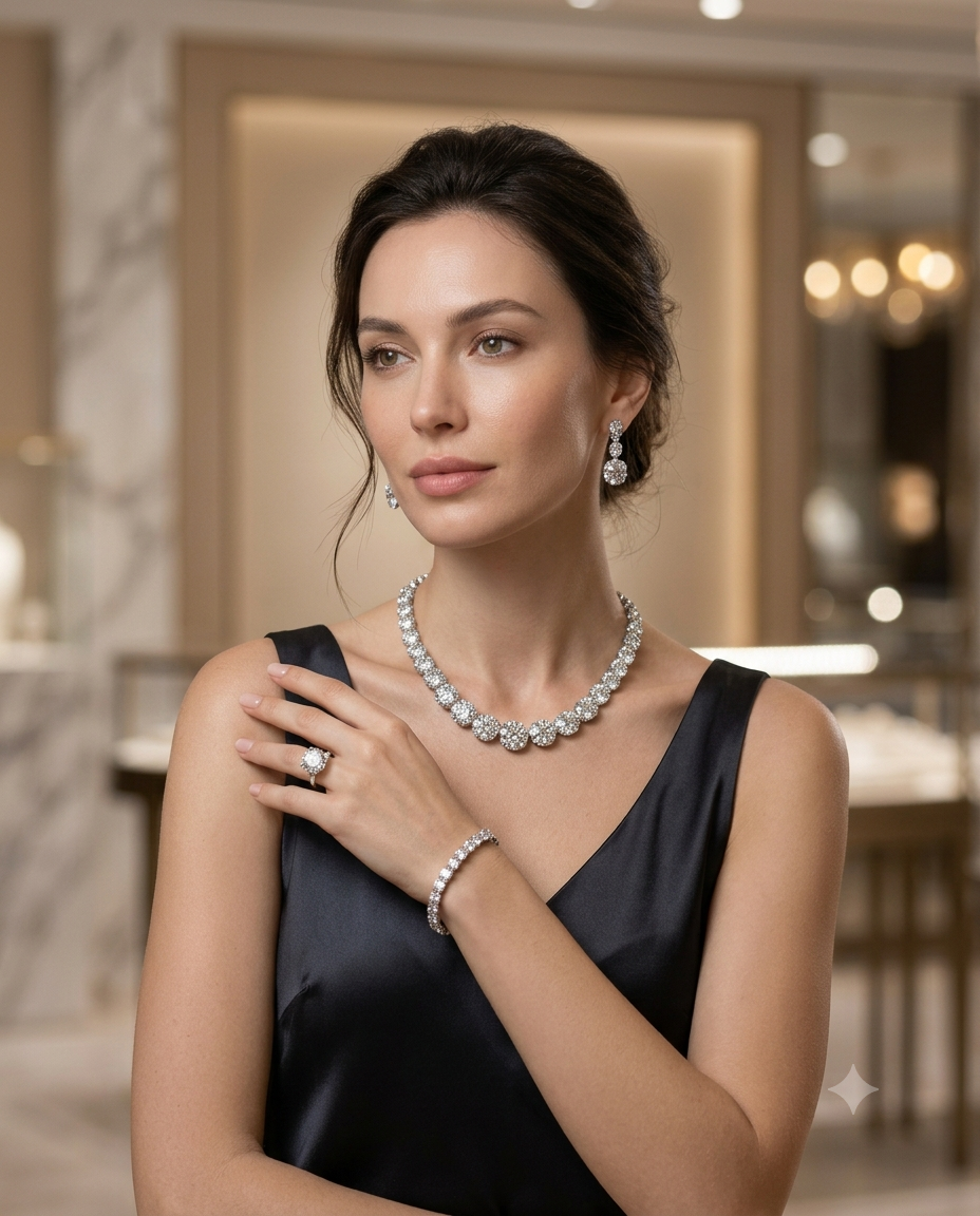 Diamond jewellery model photography — AI on-model diamond photo by Mishruh.AI