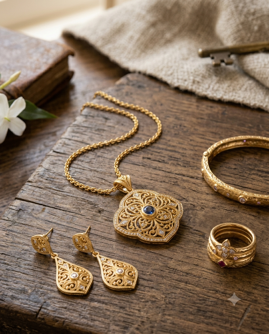 Gold jewellery model photoshoot — AI on-model gold necklace and earring photo by Mishruh AI