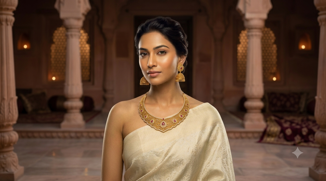 Model for jewellery shoot — AI model wearing gold necklace and earrings for jewellery photoshoot
