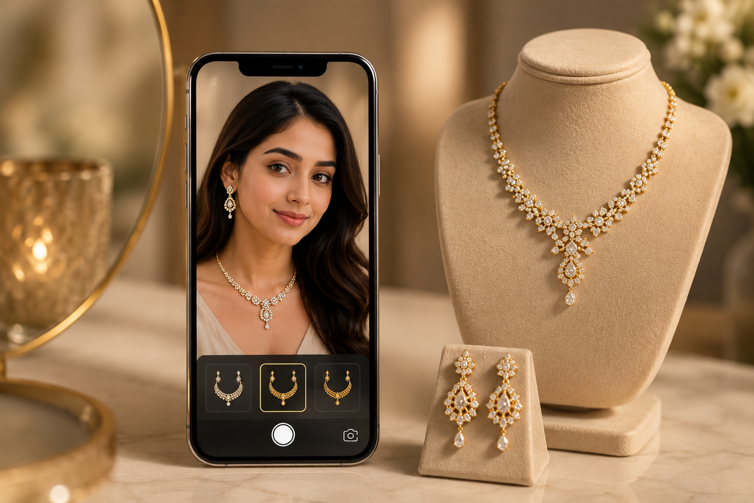 Virtual jewellery try on — AI placing gold necklace on model for online jewellery preview